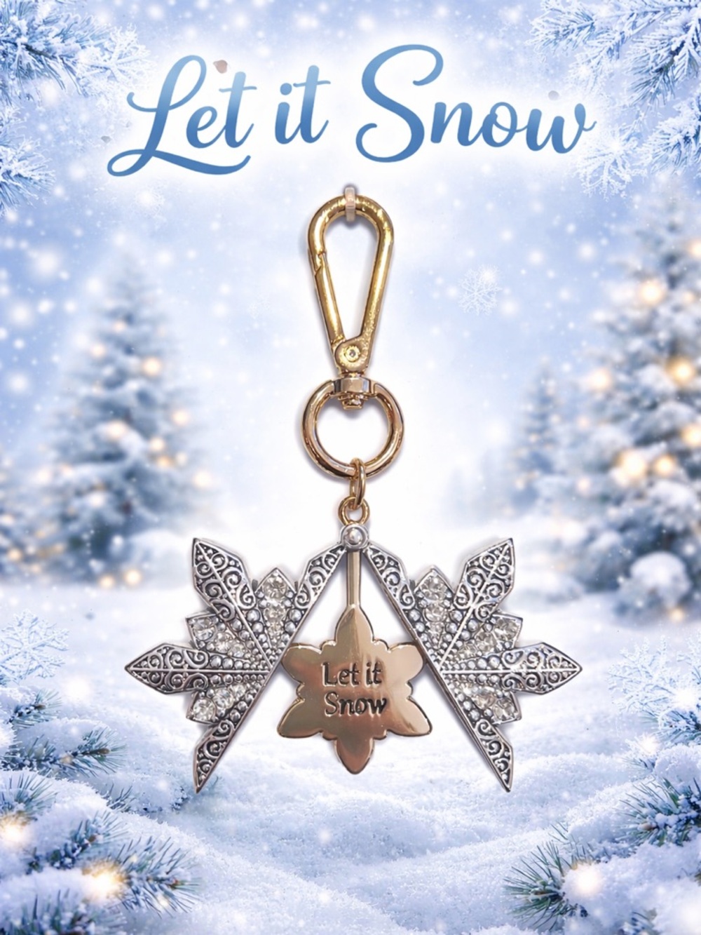 Let It Snow Snowflake Keychain Card Holder Charm - Gold & Silver Bag Charm